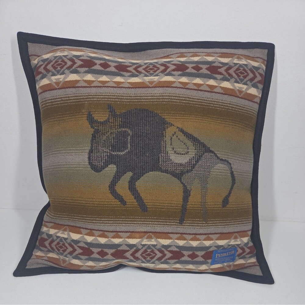 RARE VINTAGE PENDLETON 20" BUFFALO INDIAN ON HORSE WOOL PILLOW Throw Native USA